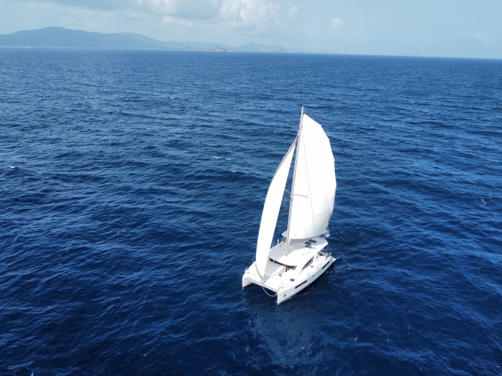 Catamaran under sail during a Caribbean yacht delivery from Puerto Rico.